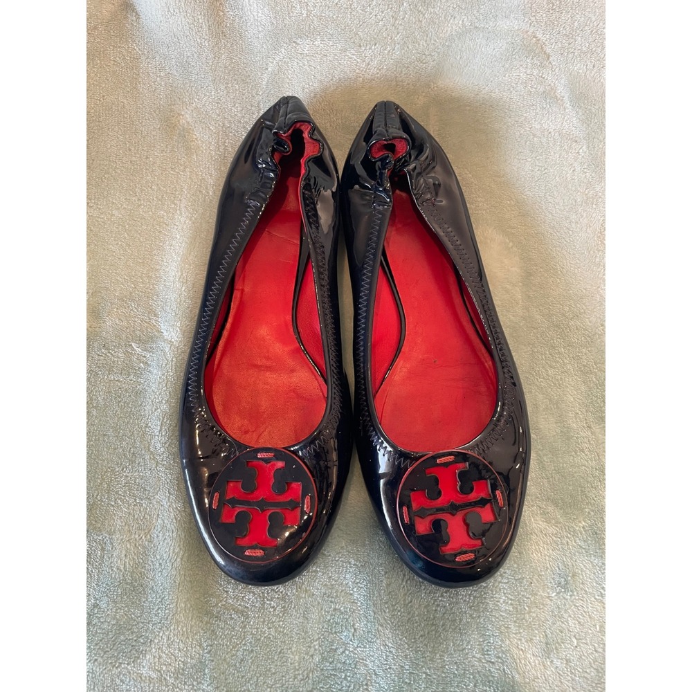 Tory Burch Reva Ballet Flats Black Patent Leather Red Logo Medallion Shoes